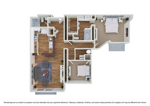 Floor plan for 2 beds, 2 baths, 1225 sqft